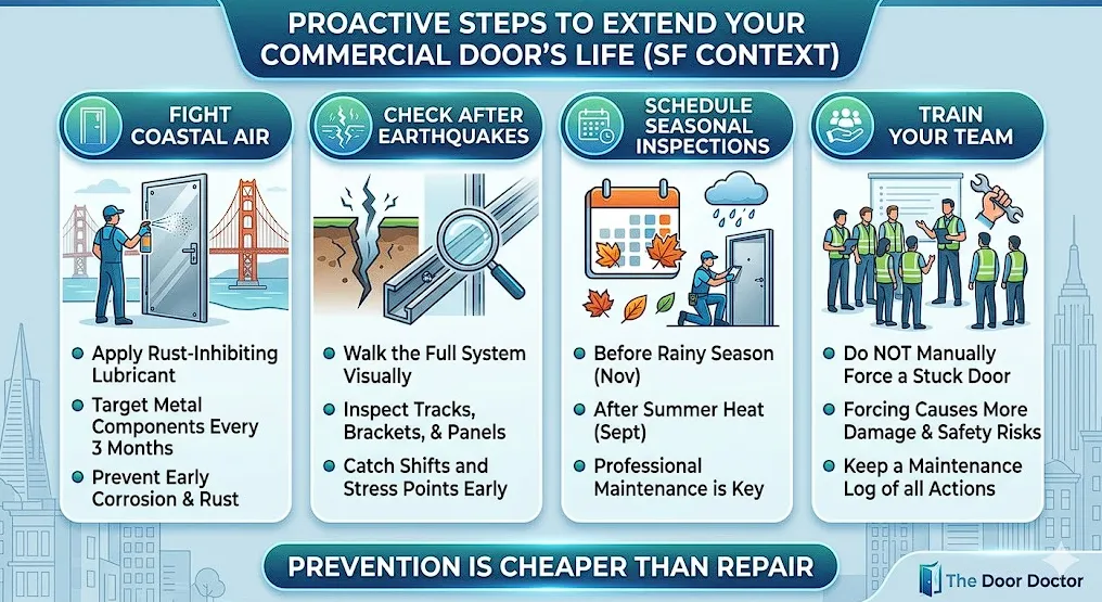  Informational graphic detailing proactive maintenance steps for San Francisco commercial doors: apply rust lubricant every 3 months; check after earthquakes; schedule seasonal inspections; and train staff not to force doors. Features The Door Doctor logo and the slogan 'Prevention is Cheaper than Repair'.
