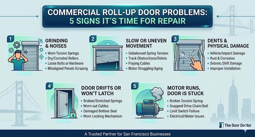  Infographic checklist of 5 signs a commercial roll-up door needs repair, including grinding noises, slow movement, physical damage, drifting, and a stuck door with a running motor. Features The Door Doctor branding and a San Francisco skyline.
