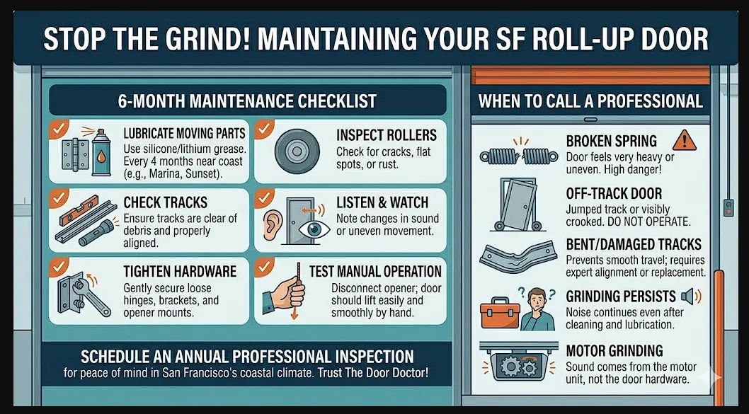 Infographic showing a 6-month maintenance checklist for roll-up doors and a 'When to Call a Professional' guide. Key tasks include lubrication and hardware checks, with safety warnings for broken springs and off-track doors.

