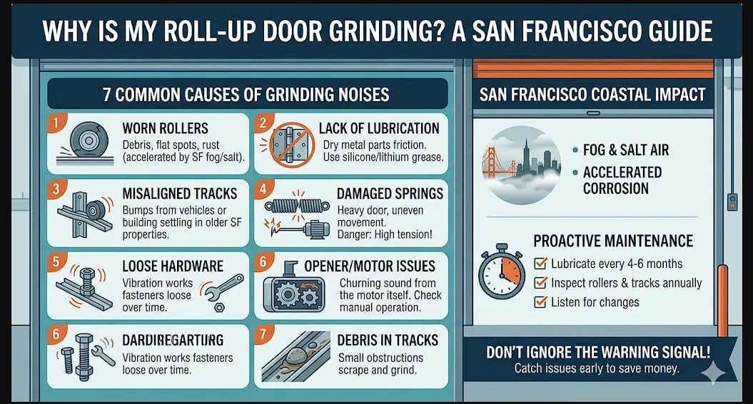 Infographic listing 7 causes of roll-up door grinding, including worn rollers, lack of lubrication, misaligned tracks, and broken springs. Includes a section on how San Francisco’s coastal salt air accelerates metal corrosion.